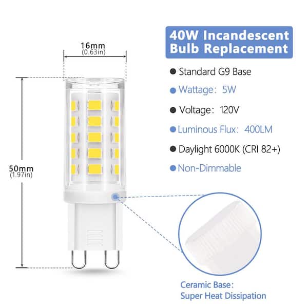 YANSUN 40-Watt G9 Base Non-Dimmable LED Light Bulb in Daylight 6000K (10-Pack) H-GD05501G9-10 The Home Depot