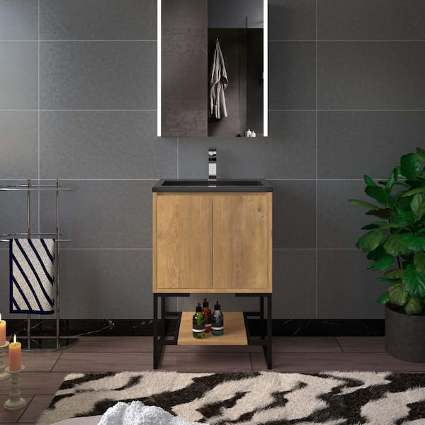 FL 24 in. W x 19 in. D x 17.75 in. H Single Sink Floating Bath Vanity in Foak with Black Quartz Top