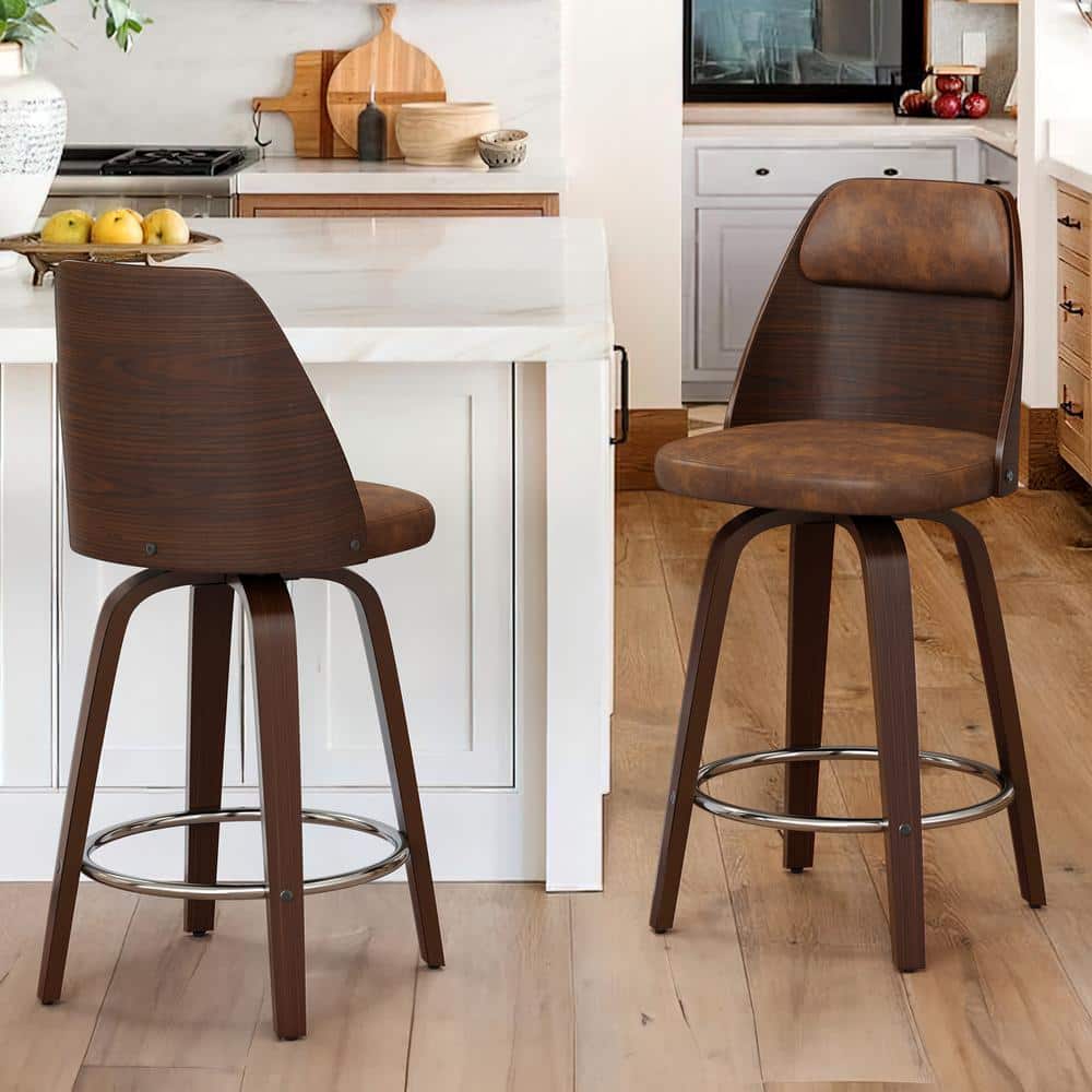 Edward 26 in. Yellow Brown Faux Leather Swivel Bar Stool Solid Wood Walnut 