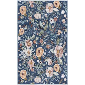 Washables Navy Multicolor 3 ft. x 5 ft. Botanical Traditional Area Rug