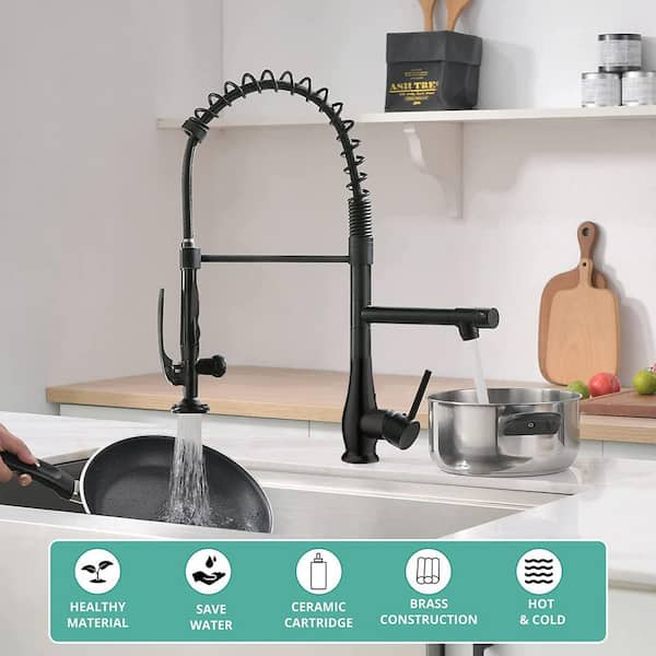 2-Handles 2-Function Commercial Style Pre-Rinse Spring Spout Pull Down Sprayer Kitchen Faucet in Matte Black