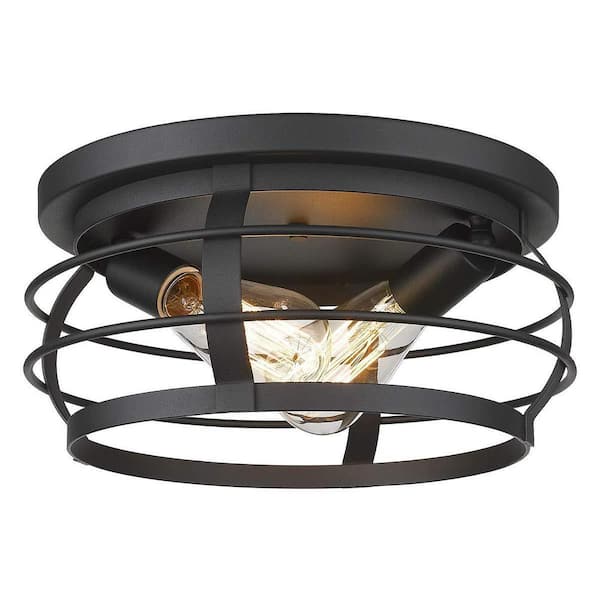JAZAVA 12 in. 2-Light Farmhouse Black Metal Cage Ceiling Flush Mount Light