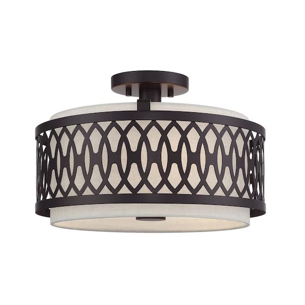 Livex Lighting Vistaview 3-Light English Bronze Semi Flush Mount with Oatmeal Fabric Shade