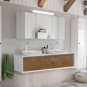 63 in. in. W Wall Mount Bath Vanity in White and Oak with Matte White Double Sinks