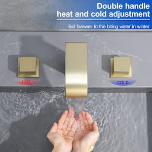 8 in. Widespread Double Knob Handles Waterfall Spout Bathroom Sink Faucet with Supply Lines in Brushed Gold
