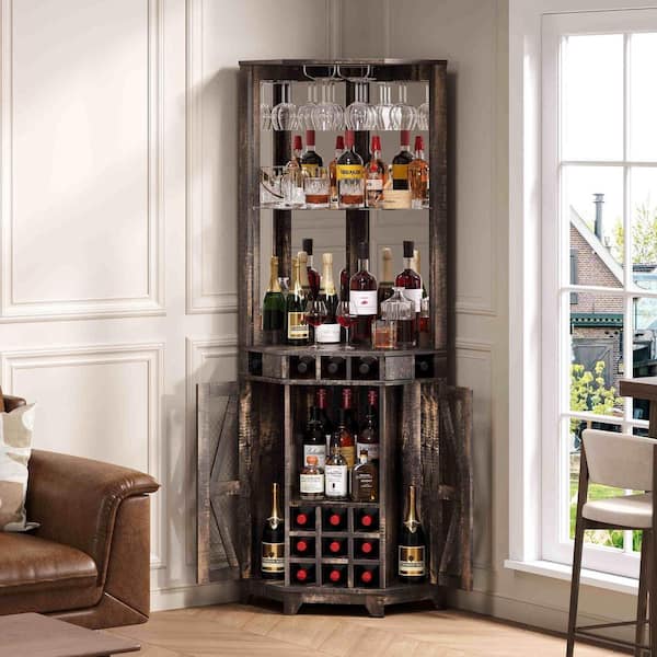 Walnut 19.70 in. W x 72 in. Corner Bar Cabinets with Barn Door, Acrylic Mirror and Glass Rack