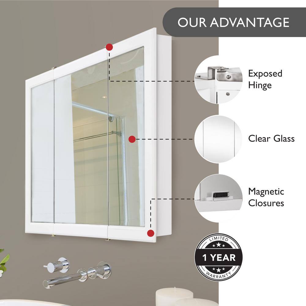 White Wood 30-Inch Bathroom Medicine Cabinet with Mirrored Doors