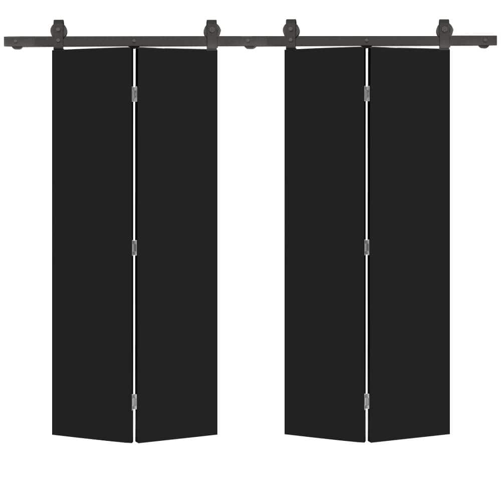 CALHOME 48 in. x 80 in. Black Smooth Flush Hardboard Hollow Core Composite Double Bi-Fold Barn Door with Sliding Hardware Kit