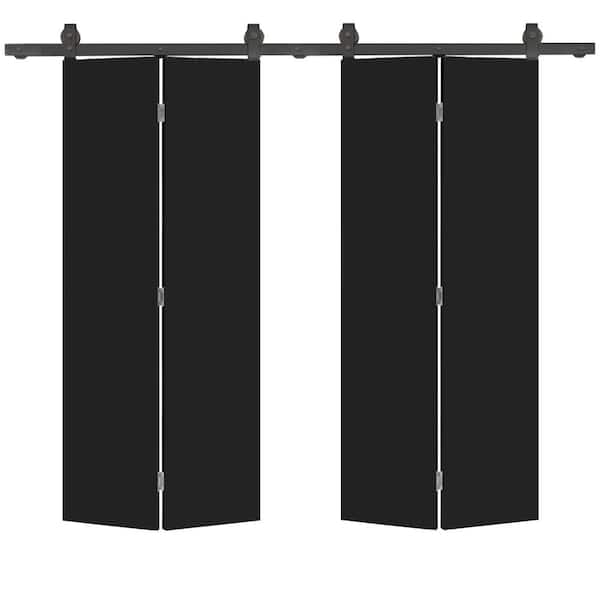 CALHOME 48 in. x 80 in. Black Smooth Flush Hardboard Hollow Core Composite Double Bi-Fold Barn Door with Sliding Hardware Kit