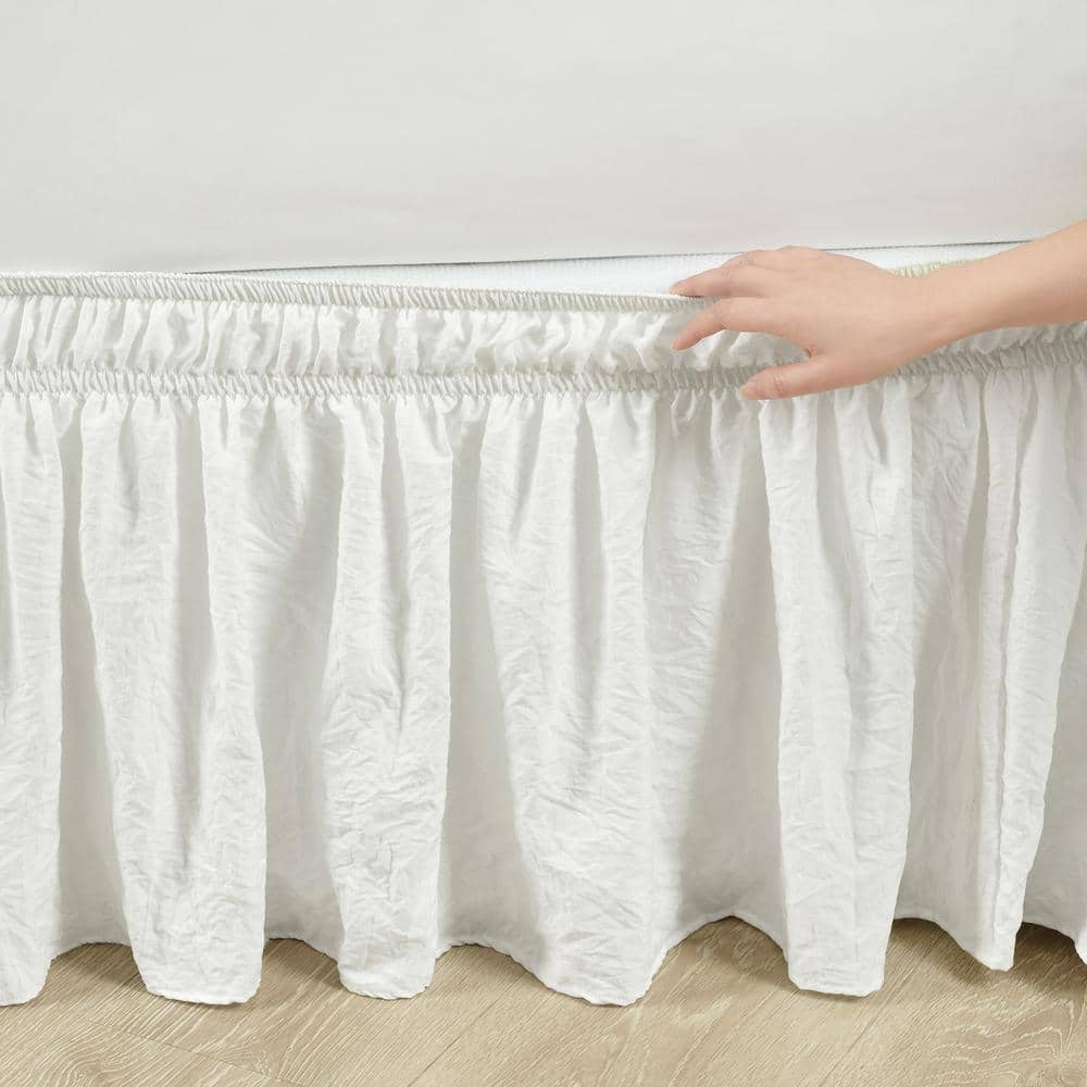 Ruched 20 in. Drop Length Ruffle Elastic Easy Wrap Around White Single Queen/King/Cal King Bed Skirt