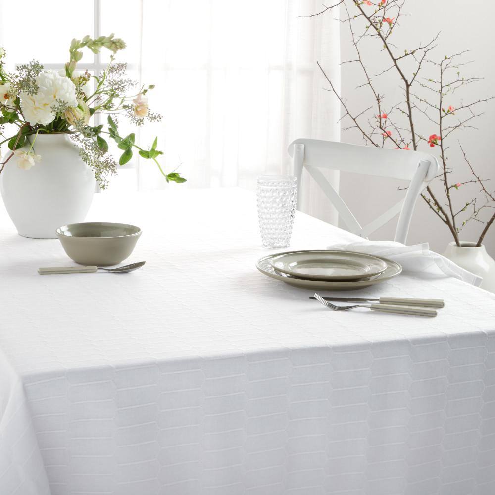 White Cotton Rectangle Tablecloth with Honeycomb Pattern, 60" x 102"