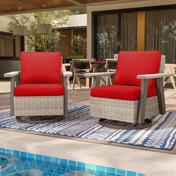 Brown Swivel Wicker Outdoor Lounge Chair Seating Set with Red Cushions (2-Pack)