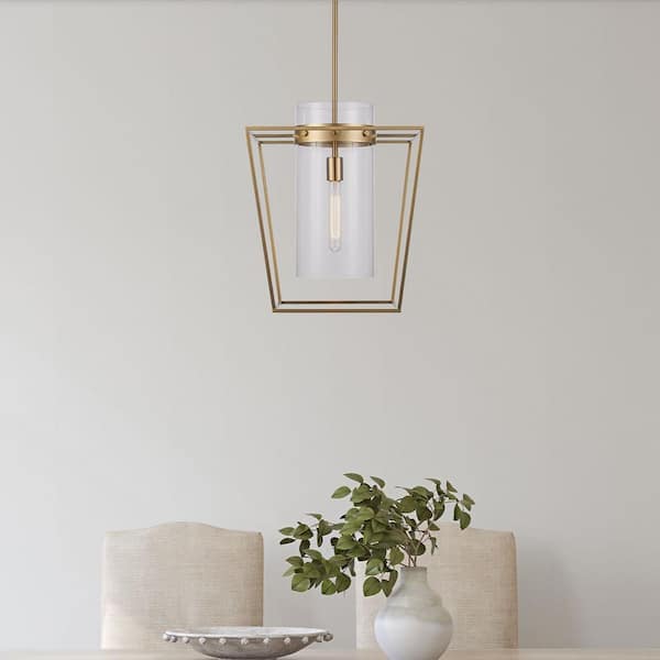 15 in. 1-Light Antique Gold Pendant Light Fixture with Clear Glass Cylinder Shade