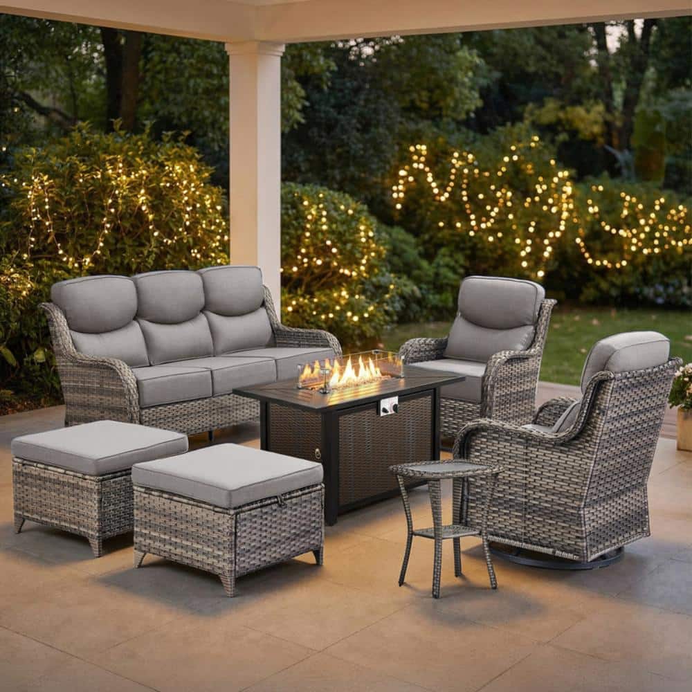 NovaSwivel 7PCS Gray Wicker Patio Conversation Set with Outdoor Swivel Gliders with Fire Pit and 6 in. Gray Cushions price history on PriceWatchPro