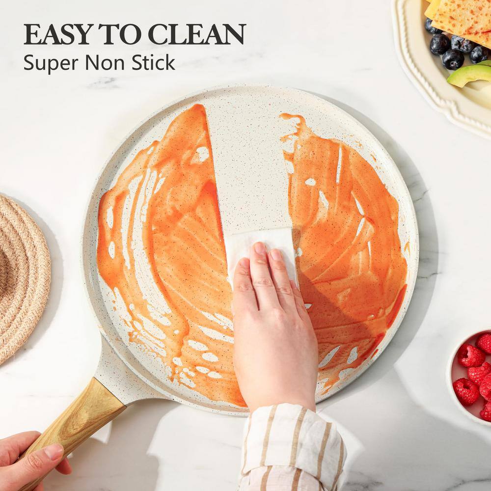 10-Inch White Ceramic Nonstick Crepe Pan with Wooden Handle and Spreader