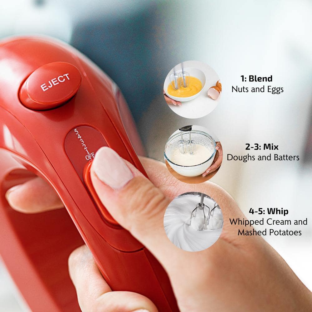 Compact Red Stainless Steel 5-Speed Hand Mixer with Storage Case