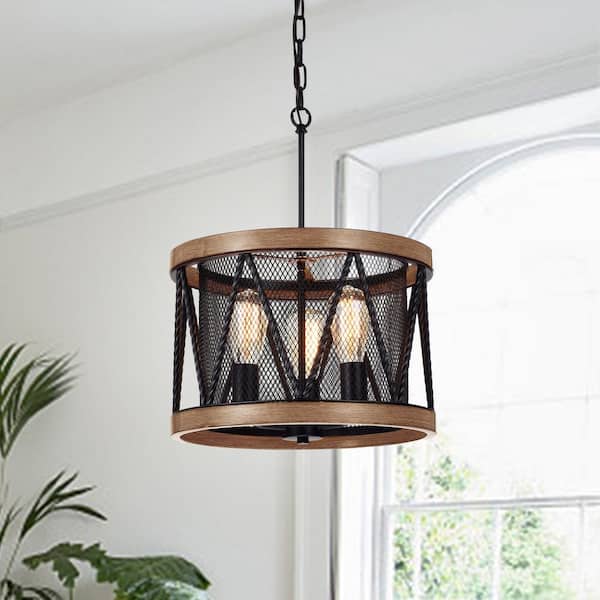 Edvivi Sequoias 16 in. 3-Light Black and Wood Chandelier with Mesh Metal Drum