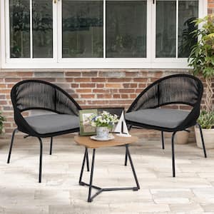 Stylish Black 3-Piece Metal Hand-Woven Outdoor Bistro SetTriangle Wood Top Table with Gray Cushions for Poorside