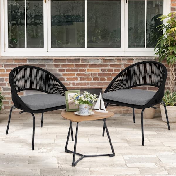 Yangming Stylish Black 3-Piece Metal Hand-Woven Outdoor Bistro SetTriangle Wood Top Table with Gray Cushions for Poorside