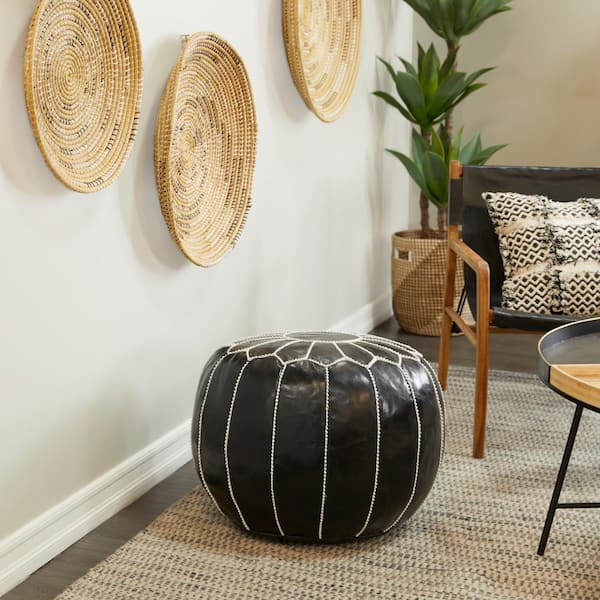 Litton Lane 18 in. Black Leather Moroccan with White Stitching Floral Pouf
