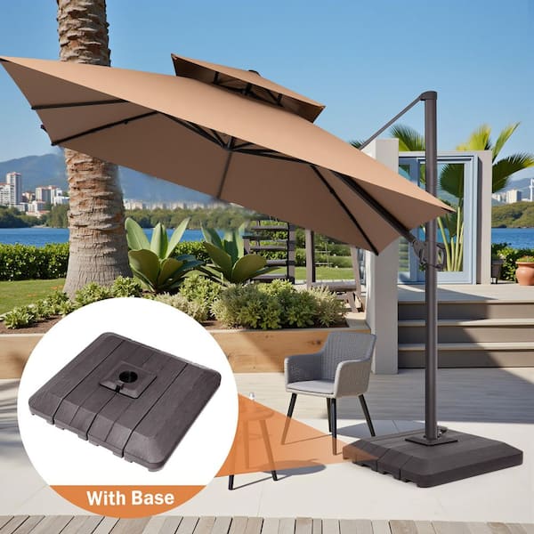 10 ft. Square Aluminum 360° Rotation Offset Cantilever Patio Umbrella in Tan and Fillable Base