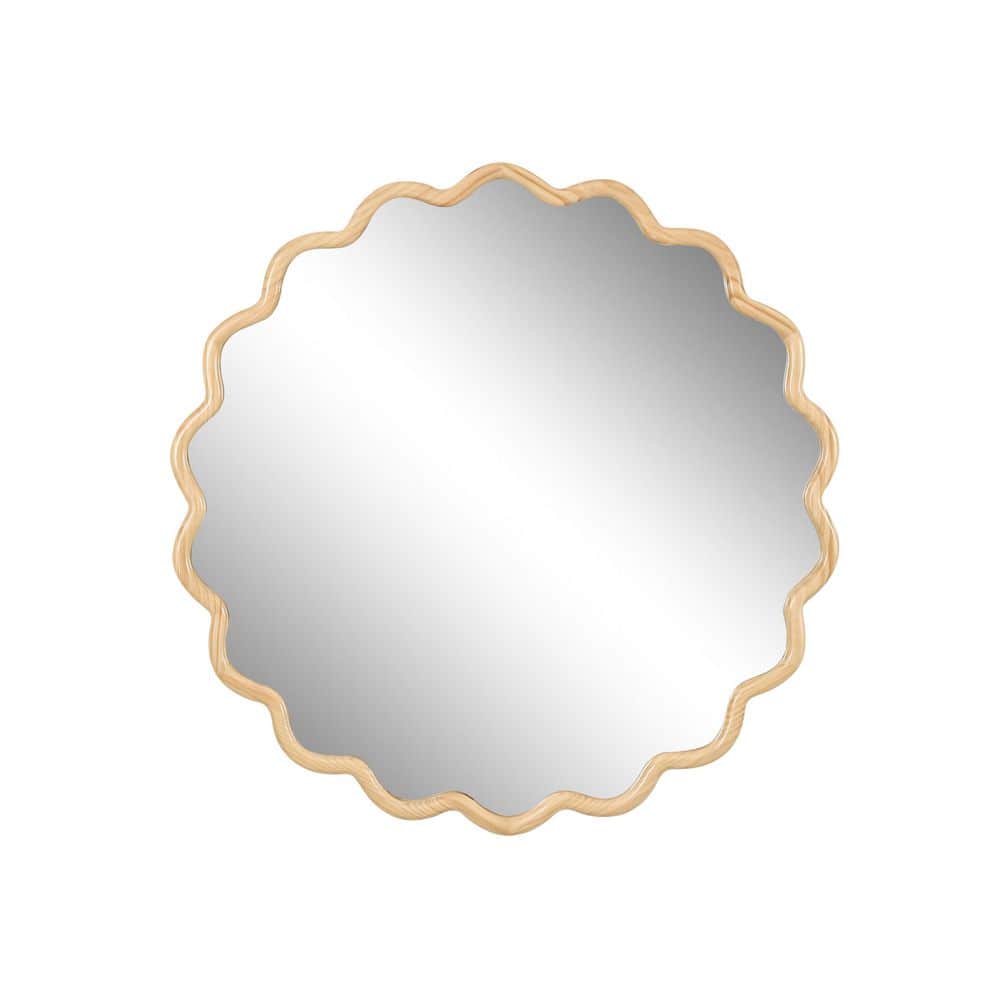Beige 35.6 in. W x 35.6 in. H Bedroom Round Wood Framed Mirror, Wavy Vanity
