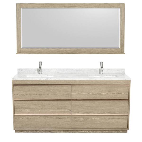 Wyndham Collection Naya 71.75 in. W x 22 in. D Vanity in Ash Gray with Marble Vanity Top in Carrera White with White Basins and Mirror