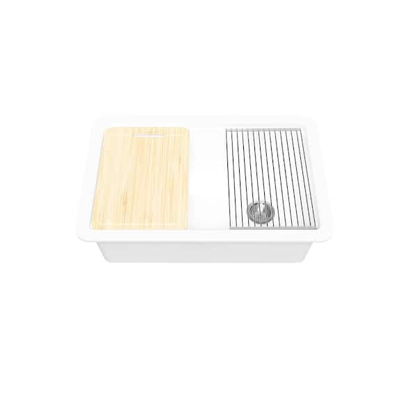 30 in. L x 19 in. W Workstation Kitchen Sink Drop-In/Undermount Single Bowl White Fireclay Sink with Cutting-Board, Grid