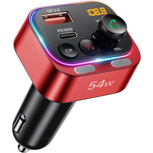 OBJLGEV Bluetooth 5.4 FM Transmitter Car Adapter 54W PD 36-Watt &18-Watt Dual Mics HiFi Bass Sound Fast Charging LED Display Red