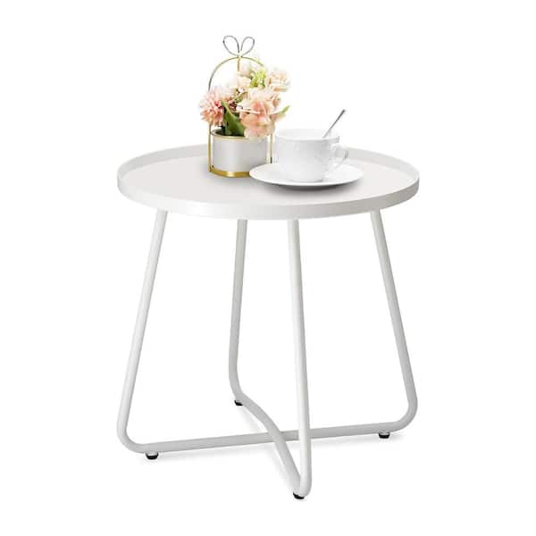 ITOPFOX White Round Metal 17.72 Outdoor Side Table with Extension