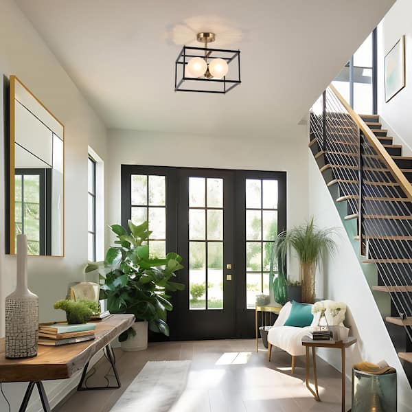 Modern 13.5 in. W 4-light Black Brass Semi-flush Mount Light with Frosted Glass, Square Ceiling Lamp for Bedroom, Foyer