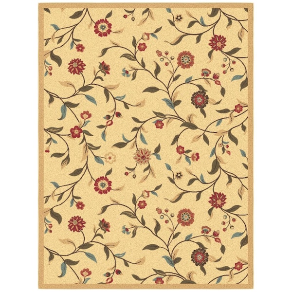 Basics Collection Non-Slip Rubberback Floral Leaves 5x7 Indoor Area Rug, 5 ft. x 6 ft. 6 in., Beige