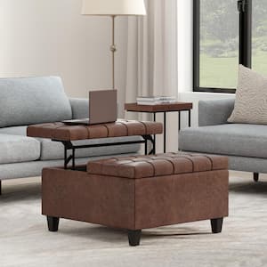 Harrison 30 in. Transitional Square Small Coffee Table Storage Ottoman in Distressed Saddle Brown Vegan Faux Leather