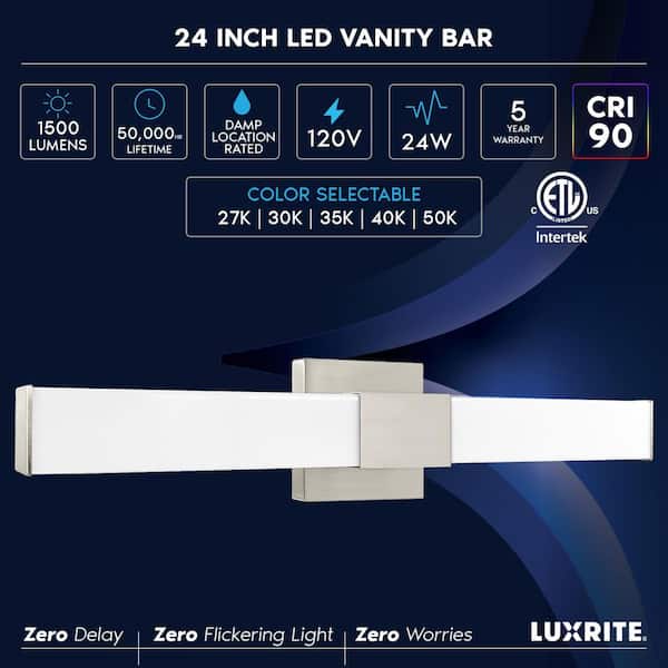 24 in. 1-Light Brushed Nickel Fixture 5 CCT 2700K-5000K Vanity 24-Watt 1500 Lumens Dimmable Damp Rated ETL Square