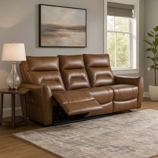 Teren 86 in. Straight Arm Leather Rectangle Power Recliner Sofa Caramel Brown