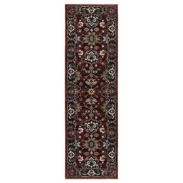 Hunter Red/Multi-Colored 2 ft. x 8 ft. Bordered Oriental Polyester Fringe-Edge Indoor Runner Area Rug