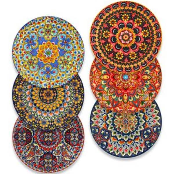 Multi-colored Porcelain Dinner Plate (Set of 6) Plates Set 10.5 in. Round Serving Plates Bohemian Style Kitchen Plates