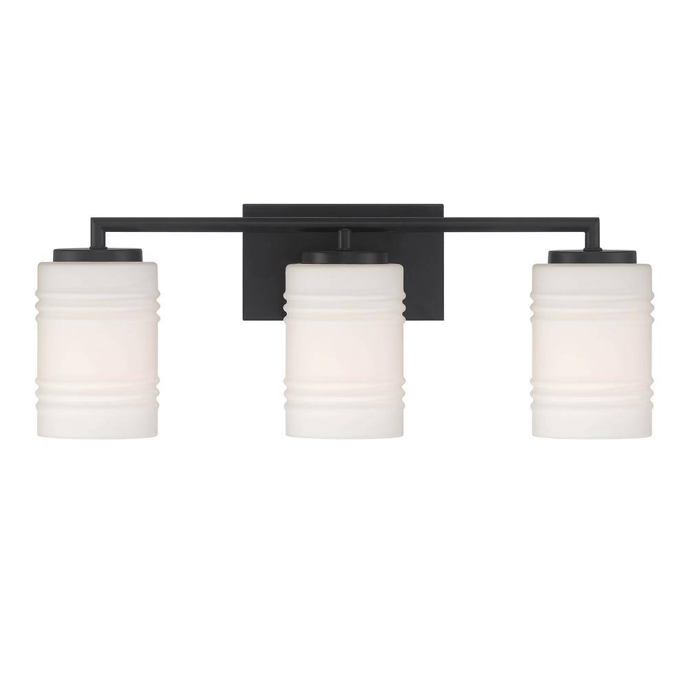 Modern Matte Black 3-Light Vanity Bath Light with Etched Opal Glass
