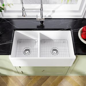 Homestead 33 in. Double Bowl Fireclay Farmhouse Apron Kitchen Sink in White with Bottom Grids
