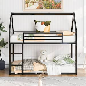 Black Twin-Over-Twin Metal House Bunk Bed with Convertible Ladder, Metal Low Bunk Bed with House Shape and Roof