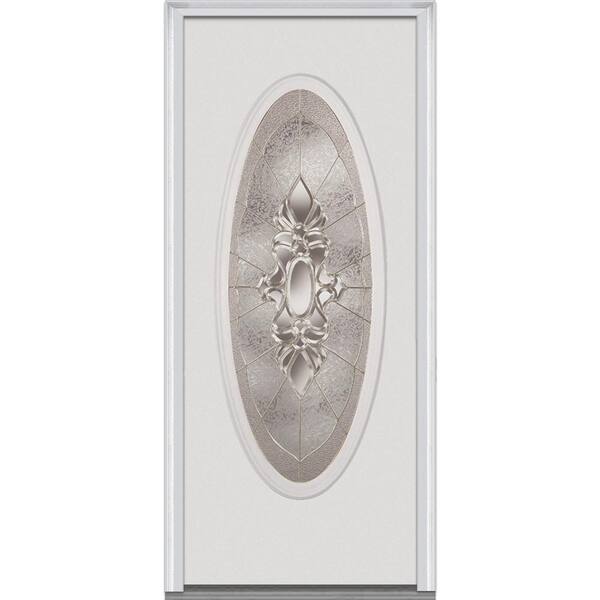 Milliken Millwork 32 in. x 80 in. Heirloom Master Right Hand Oval Lite Decorative Classic Primed Steel Prehung Front Door with Brickmould