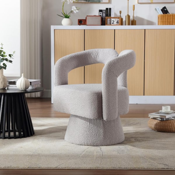 Light Gray Boucle 360° Swivel Accent Chairs, Round Armchairs with Wide Upholstered for Living Room