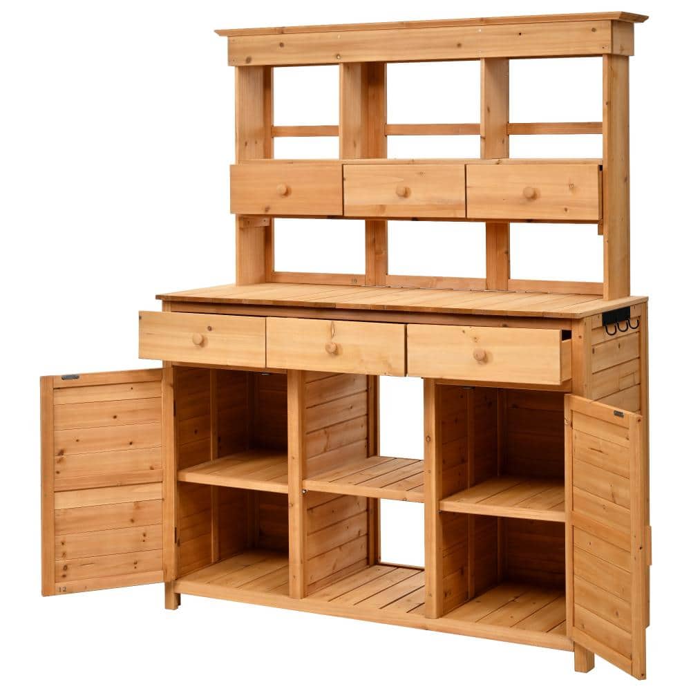 50 in. W x 65.7 in. H Natural Potting Bench Table with Hutch, 3 Shelves and 2 Bottom Cabinets price history on PriceWatchPro