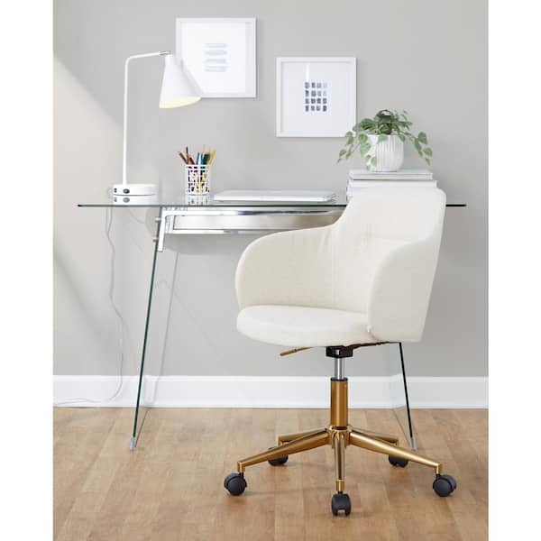 Lumisource Boyne Fabric Adjustable Height Office Chair in Cream Fabric Gold Metal 5-Star Caster Base