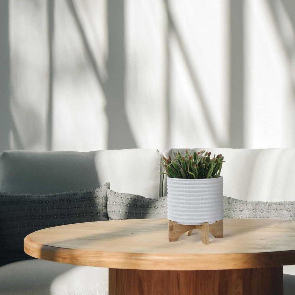 8 in. White Lines Ceramic Modern Flower Pot with Stand, Planter with Frost and Heat Resistant and Drainage, price history on PriceWatchPro