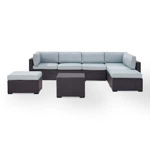 Biscayne 7-Person Wicker Outdoor Seating Set with Mist Cushions - 2 Loveseats, 1 Armless Chair, Coffee Table, 2 Ottomans