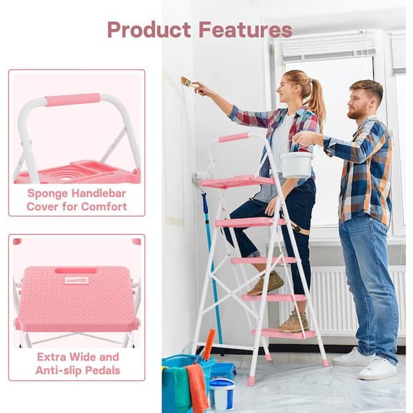 4-Step Folding Stool with Tool Platform, Wide Anti-Slip Pedals