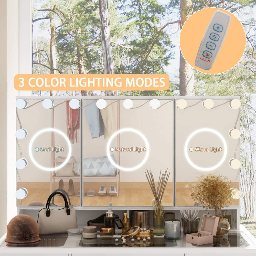 White Makeup Vanity Desk 9 Drawers Wood Dressing Table With 3 LED Bulb Light Mirrors, Glass Top, Hidden Storage Shelves - thumbnail 9