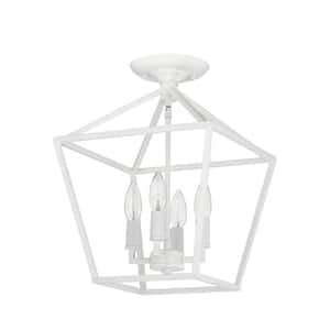 12 in. 4-Light Farmhouse White Semi- Flush Mount Ceiling Light with Caged Metal Shade