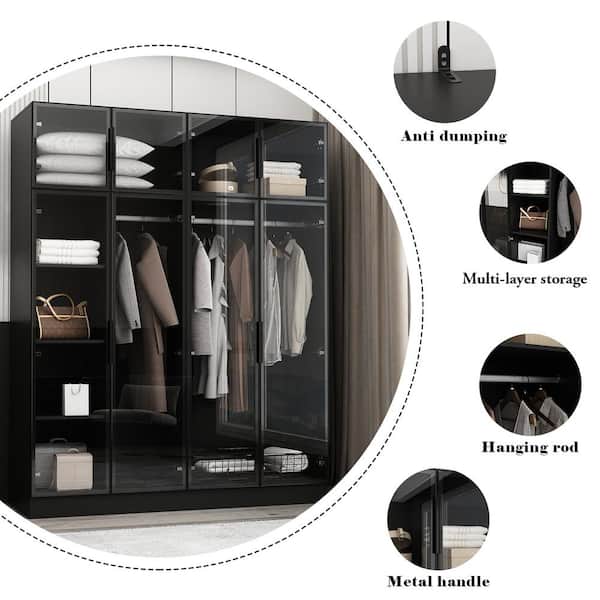 Glass Door Wardrobe Armoire Storage Closet with Light Display Cabinet - Black